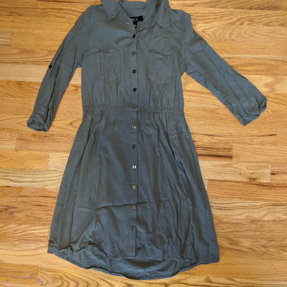 BCX Army Green Button Up Dress 3/4 sleeve.